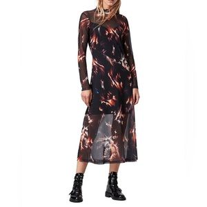 All Saints Hanna Flames Midi Dress US 0 Black Mesh Long Sleeves Sheer y2k